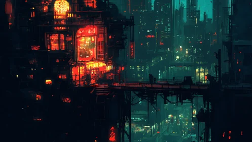 Neon skybridge cuts through dense cyberpunk megacity night.