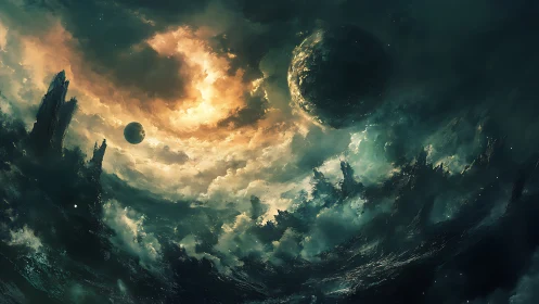 Alien storm worlds swirl through luminous cosmic clouds.