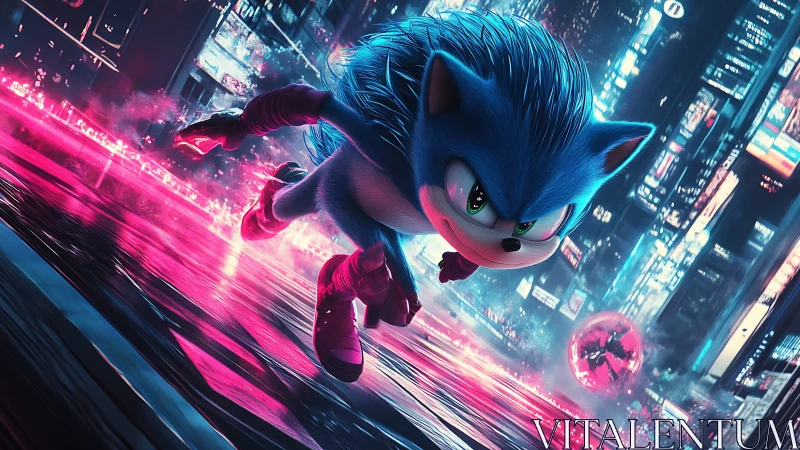 Blue speedster dashes through neon cyber city at night.