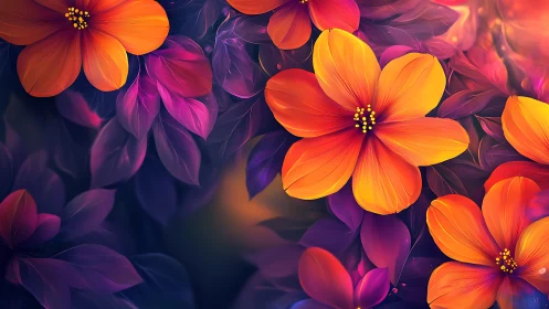 Luminous Floral Garden With Vibrant Orange and Purple Blooms