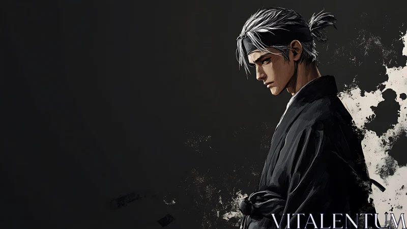 Monochrome anime swordsman profile with textured ink effects
