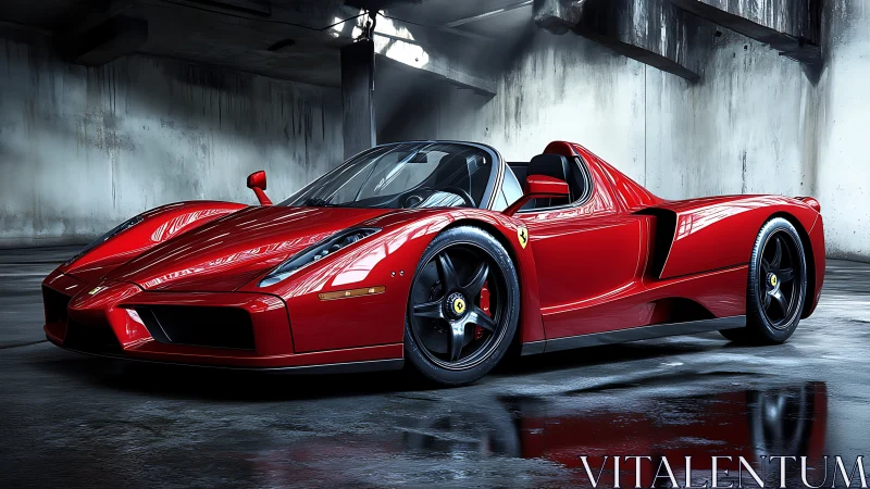 Sleek red supercar gleams boldly in a moody urban garage