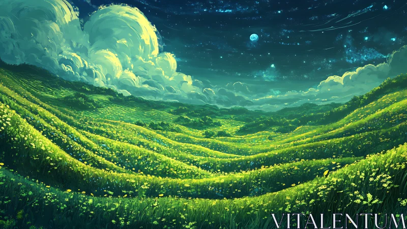 Luminous nocturnal meadow under starswept rolling hills.