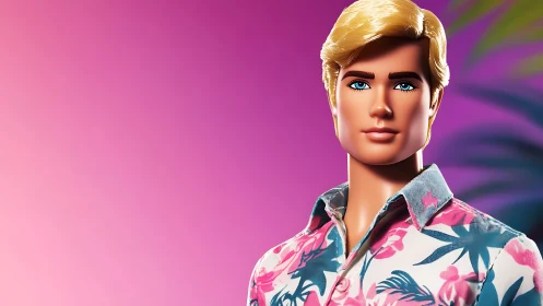 Stylized male fashion doll portrait against neon gradient background