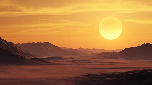 Molten horizon over alien dunes in deep amber hush.