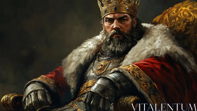 Medieval king portrait in fur cloak and golden crown.