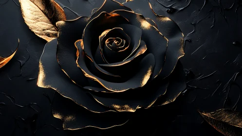 Black rose form with gold leaf accents.