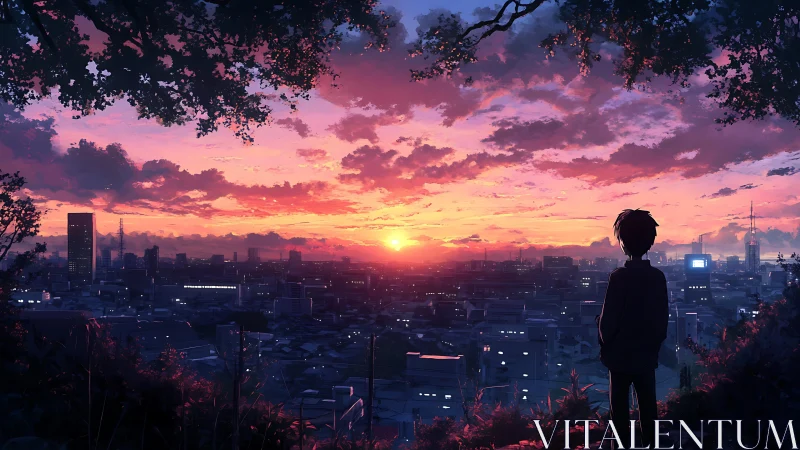 Silhouetted boy watches neon city under vivid sunset sky