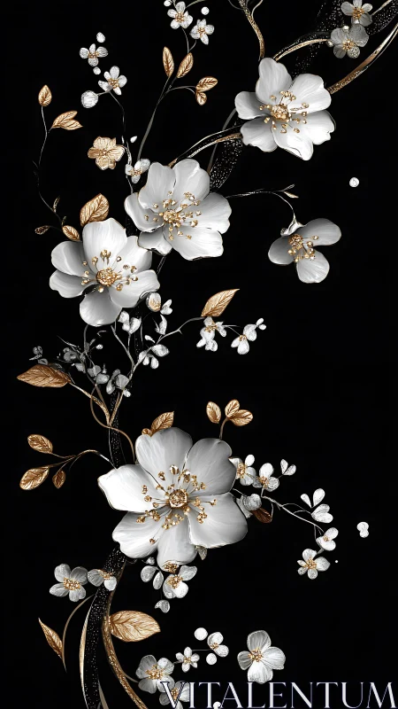 White metallic blossoms with gold accents on black ground.