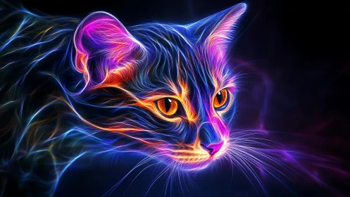 Neon fractal cat portrait glows with vibrant electric light.