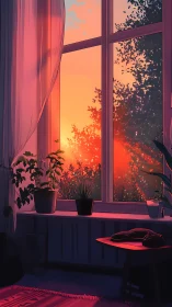 Soft sunset window nook washed in dreamy evening light.