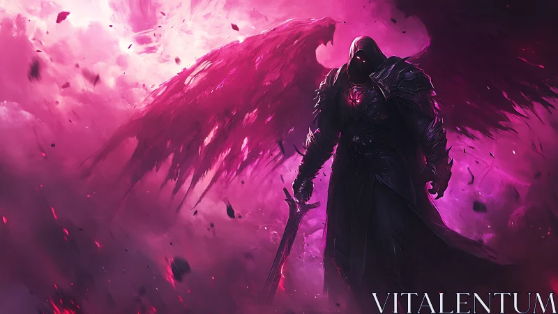 Dark seraph warrior in magenta storm, digital fantasy painting.