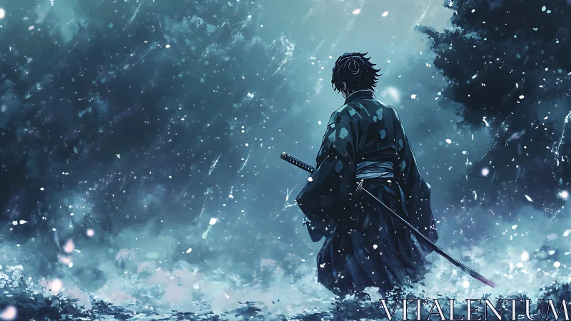 Solitary samurai in snowstorm, contemplative dusk march.