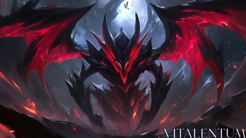 Volcanic void wyrm under lunar backlight, wings ablaze.