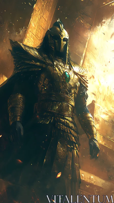 Armored warrior stands in golden ruins under blazing backlight