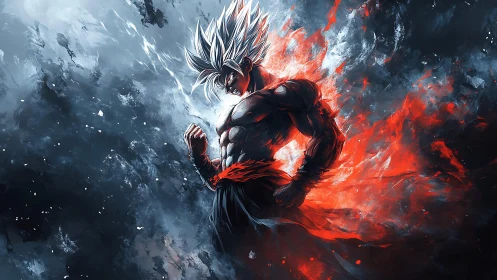 Fiery anime warrior rises from swirling elemental chaos.