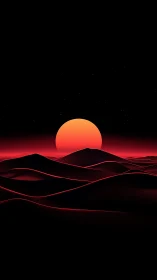 Neon red desert horizon with minimalist solar eclipse glow.