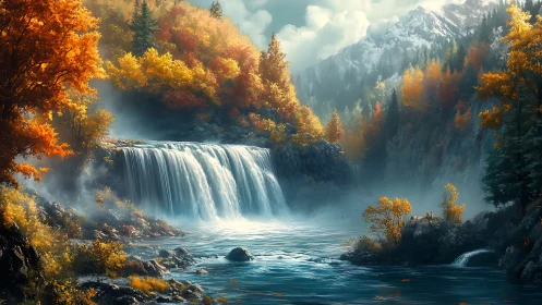 Golden valley waterfall wrapped in misty mountain calm.