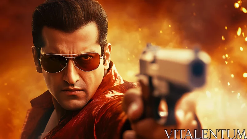 Photorealistic action close-up with gun and explosive bokeh background.