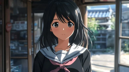 Anime schoolgirl portrait in soft natural backlight indoors