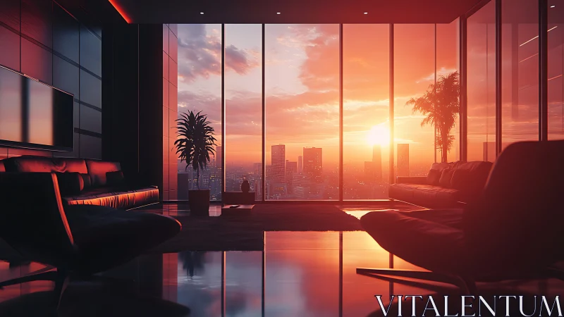 Luxury penthouse lounge glows in a panoramic city sunset.