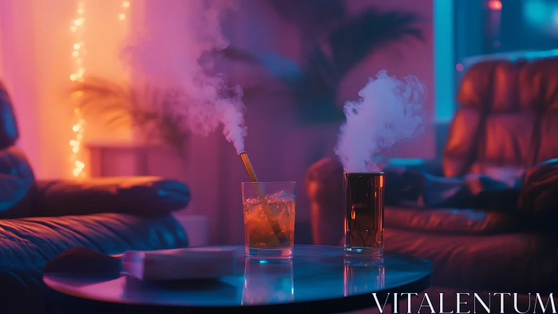 Neon lounge cocktails exhaling lazy holographic smoke plumes.