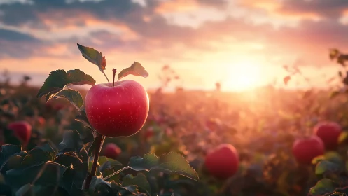 Backlit orchard apple under shallow-depth sunset optics.