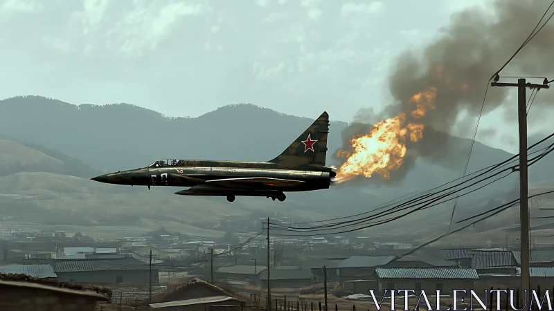 Low-altitude Soviet jet with catastrophic engine fire over town.