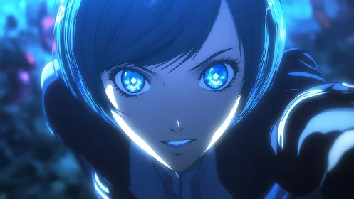 Cybernetic heroine charges forward with glowing azure eyes.