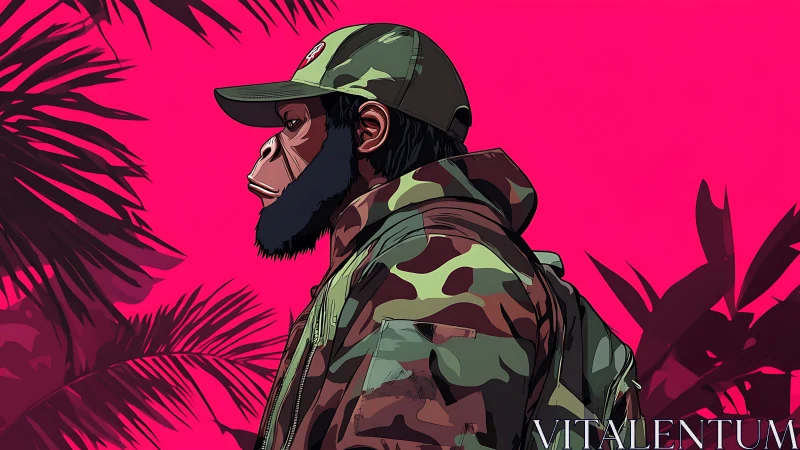 Camouflage-clad ape strides through neon jungle silence.