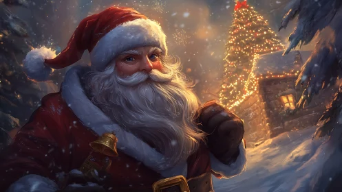 Santa figure in snowy landscape with illuminated tree at night.