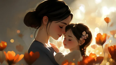 Mother and Daughter Embrace Amid Glowing Flowers