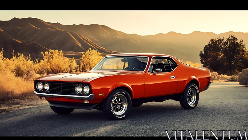 Vintage orange muscle car parked on desert highway at sunset.