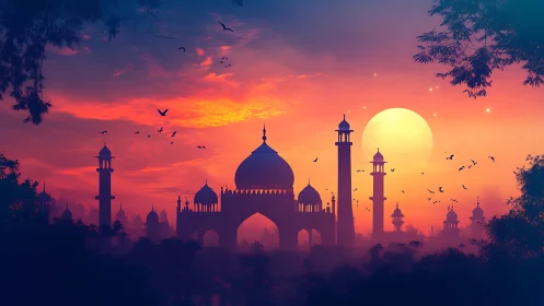 Digital painting skyline with domed palace at sunset glow.