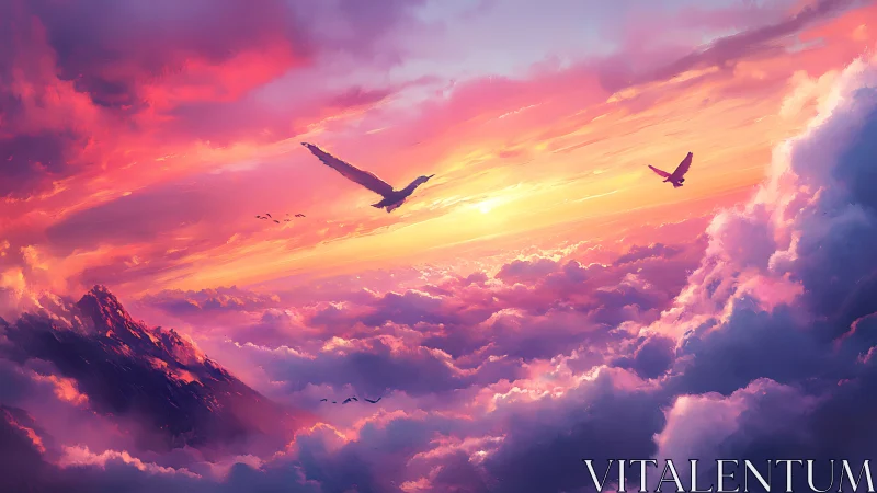 Birds flying above cloudscape at vivid sunset horizon.