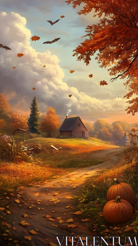 Autumn farmhouse path with pumpkins, swirling leaves and bats