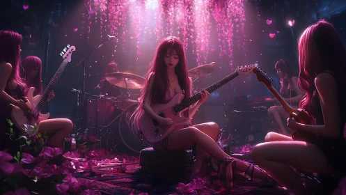 All-female anime band performing in pink lit floral stage.