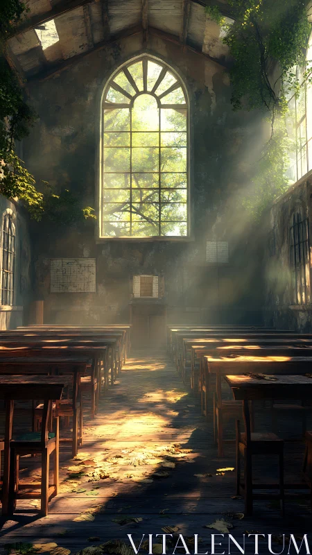 Sunlit abandoned classroom with ivy reclaiming wooden interior