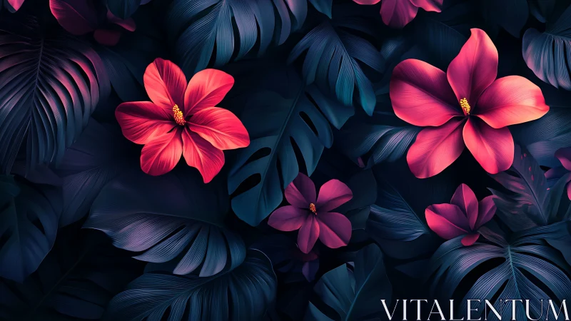 Neon Floral Composition: Luminescent Petals Against Deep Tonal Foliage.
