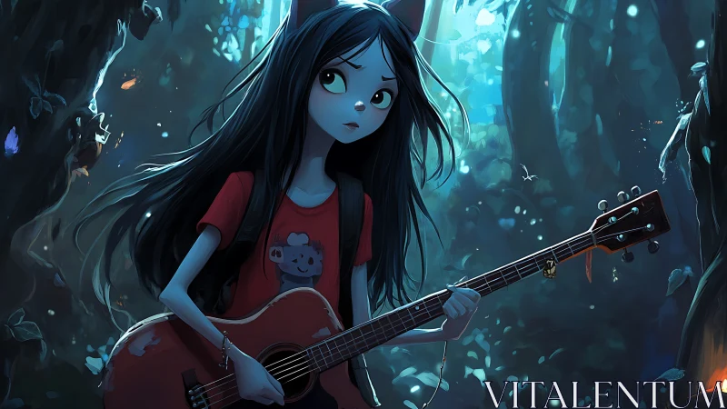 Girl with guitar wanders through glowing enchanted forest.
