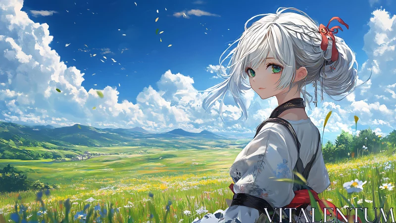 Windlit anime girl overlooking vast summer valley panorama.