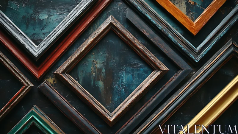 Geometric arrangement of empty multicolored wooden frames.
