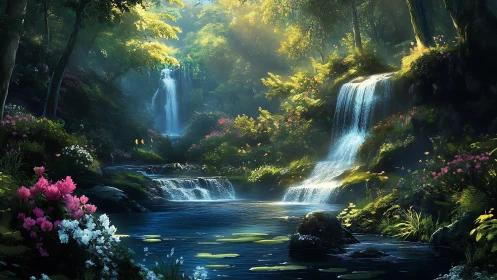 Enchanted Forest Sanctuary With Cascading Waterfalls.