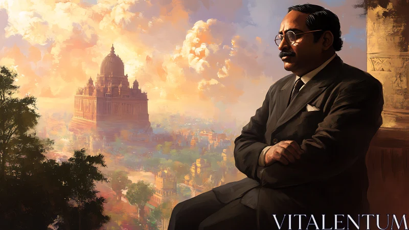 Man in suit observing distant domed temple cityscape.