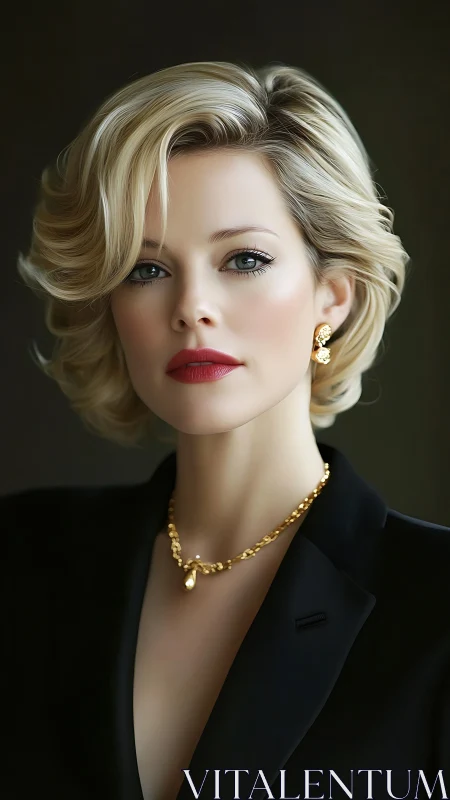 Elegant blonde portrait in black blazer with gold jewelry.