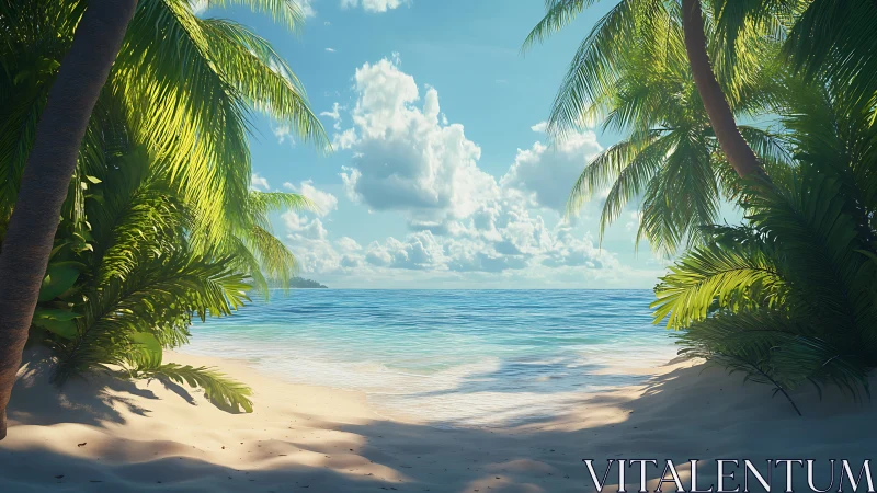 Tropical Coastal Lagoon with Converging Palm Fronds and Crystalline Turquoise Waters