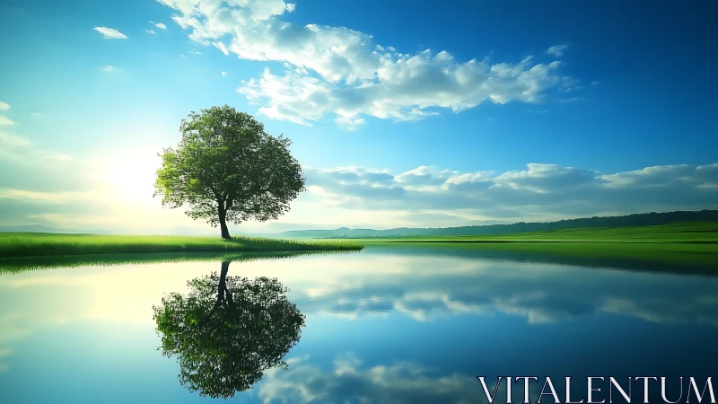 Solitary lakeside tree mirrored in calm reflective water.