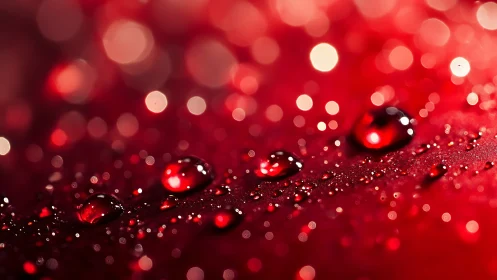Crimson droplets in luminous bokeh macro study.