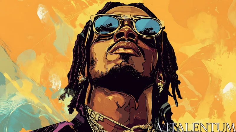 Bold portrait of cool man in sunglasses against orange sky.