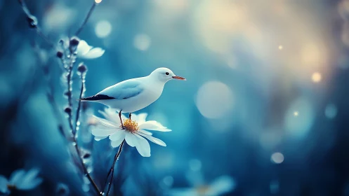 Avian micro-perch on bloom within defocused bokeh field.